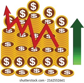pile of dollar coins. and increase value arrow. business and stock market icon