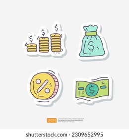 Pile of dollar money coins, sack money bag, percentage discount coin, paper dollar money. doodle sketch sticker set concept for business and finance icon vector illustration