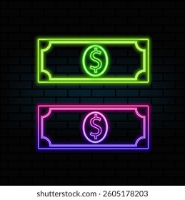 Pile dollars banknotes Isolated image. green dollar. neon style..