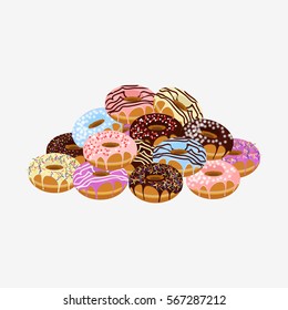 Pile of Donuts with sprinkles isolated on white background. Flat vector stock illustration