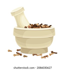 Pile of Dried Clove Aromatic Spice Rested in Mortar with Pestle Vector Illustration