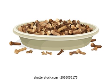 Pile of Dried Clove Aromatic Spice Rested in Bowl Vector Illustration