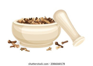 Pile of Dried Clove Aromatic Spice Rested in Mortar with Pestle Vector Illustration