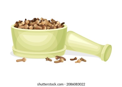 Pile of Dried Clove Aromatic Spice Rested in Mortar with Pestle Vector Illustration