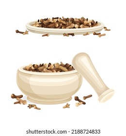 Pile of Dried Clove Aromatic Spice Rested in Mortar and Plate Vector Set