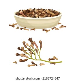 Pile of Dried Clove Aromatic Spice Rested in Bowl Vector Set