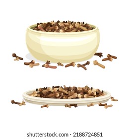 Pile of Dried Clove Aromatic Spice Rested in Bowl and Plate Vector Set