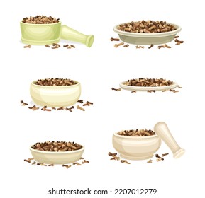 Pile of Dried Clove Aromatic Spice in Mortar with Pestle and Scattered Around Plate Vector Set