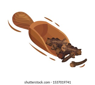 Pile of Dried Clove Flower Buds Gathered With Wooden Shovel Vector Illustrated Set