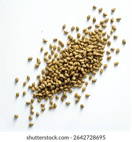 A pile of dried green cardamom pods is scattered on a white background, with some pods spilling off to the sides, creating a visually appealing, slightly messy arrangement.
