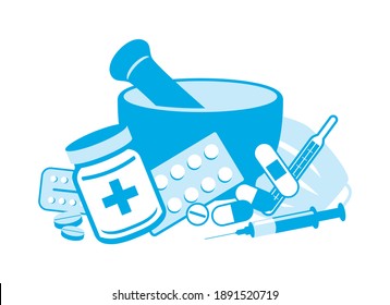 Pile of drugs in pharmacy icon set vector. Mortar and various drugs vector. Medical equipment blue icon set isolated on a white background. Various medicine clip art