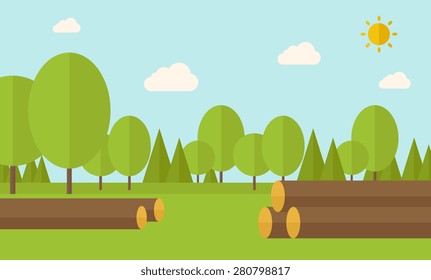 Pile of drywood sorrounded by a trees. A Contemporary style with pastel palette, soft blue tinted background with desaturated clouds. Vector flat design illustration. Horizontal layout.