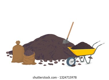 A pile of earth, a pile of soil. Shovel, bags, trolley. Vector illustration on white background.Garden tool, equipment for farm