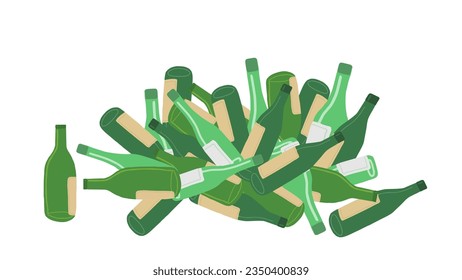 Pile of empty glass bottles from alcohol, wine, beer, rum, tequila. Concept of alcoholism, drunkenness, alcohol abuse, alcohol addiction. Garbage, ecology and pollution concept. Vector isolated.