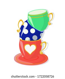 A pile of empty tea cups of red, deep blue and green colors with different decorations. Inspired by Alice in Wonderland mad tea party. Vector illustration.