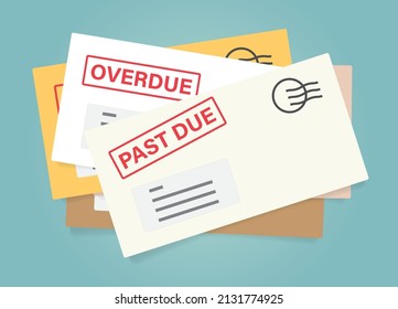 pile of envelopes with overdue bills- vector illustration