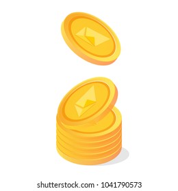 Pile of Ethereum Cryptocurrency fall. Gold coin icon. Blockchain technology concept. Vector illustration.