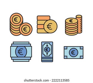 pile of euro currency money coins and banknotes icons set illustration