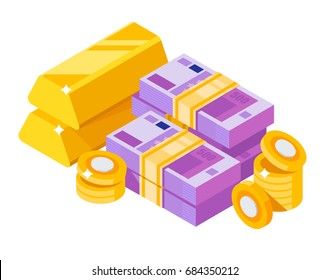 Pile of euro with gold bar. Isometric euro bundles, isolated. Euro, coins and gold. Vector isometric money icon on a white background. Money flat icon in isometric style.