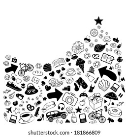 Pile of everything to sell and buy with arrows, hearts and stars, vector funny doodles