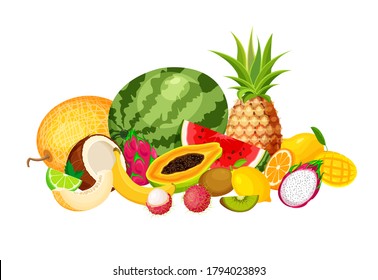 Pile of exotic tropical fruits in a trendy cartoon style. Vegan food vector icons isolated on white background. Fresh whole, half, cut slice and piece of fruit.