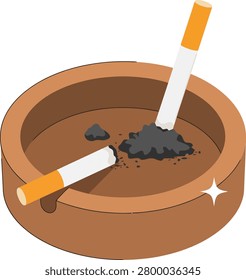 pile featuring ashtray with broken cigarette and ash pile, two cigarettes.