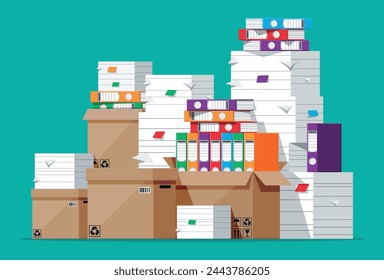 Pile of file folders, cardboard boxes and paper documents. Paperwork or bureaucracy concept. Unorganized messy papers stacks, office routine. Cartoon flat vector illustration isolated