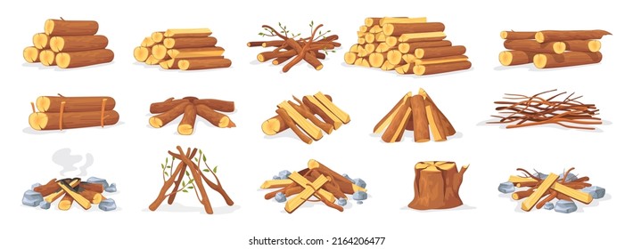 Pile firewood. Stack wood log bonfire, cartoon sticks branches timber forest tree for burning fire, bundle dry brushwood timbered firewoods lumber trunk, neat vector illustration of pile firewood - Shutterstock ID 2164206477