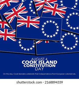 Pile of flags cook islands with bold text and sentences on blue background, Cook Islands Constitution Day August 4
