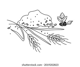 A pile of flour with ears of wheat or barley. Hop cones. Vector illustration for brewing, agriculture, logo, print, poster. Doodle style by outline