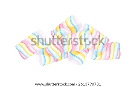 Pile of fluffy twisted marshmallows in cartoon style. Vector illustration composition of soft marshmallows isolated on white background. Dessert. Confectionery.