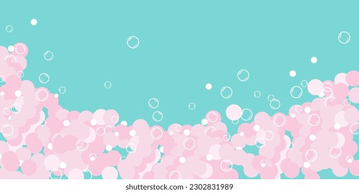 A pile of foam on a blue background. Website template, banner, foam party flyer. Aqua park, swimming pool. Horizontal vector illustration.