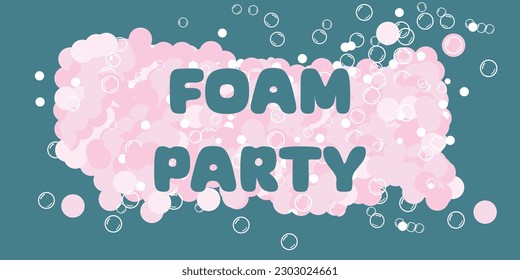 A pile of foam on a blue background. Website template, banner, foam party flyer. Aqua park, swimming pool. Horizontal vector illustration with text.