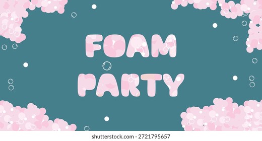 A pile of foam on a blue background. Website template, banner, foam party flyer. Aqua park, swimming pool. Horizontal vector illustration with text.