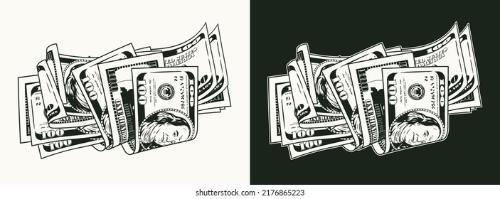 Pile of folded 100 dollar banknotes, bills. Heap of cash money. Black and white monochrome isolated vector illustration. Vintage style.