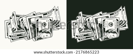 Pile of folded 100 dollar banknotes, bills. Heap of cash money. Black and white monochrome isolated vector illustration. Vintage style.