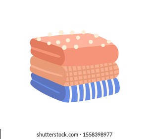 Pile Of Folded Clothes Flat Vector Illustration. Knitted Woolen Garment. Striped And Checkered Apparel. Packed Outfit Elements With Pompons. Warm Winter Clothing On White Background.