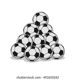 Pile of football. Many soccer balls. Sports accessory
