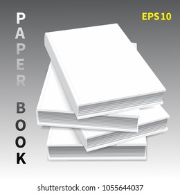 A pile of four hardcover books. White color. A layout for the design of book covers. On a white background, with soft shadows. Isolated. Vector illustration.