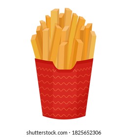 A pile of french fries, full red paper pack, isolated fast food on white background. Delicious, colorful snack, object. 