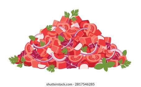 Pile of fresh chopped tomato salad mixed with red onion pieces and parsley sprigs.