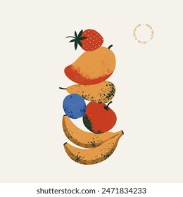 Un montón de frutas frescas. Plátano con mango y manzana con fresa y pera. Ilustración vectorial