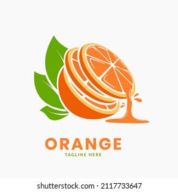 Pile of fresh orange slices logo design with spilled juice liquid. Orange fruit icon vector graphic illustration