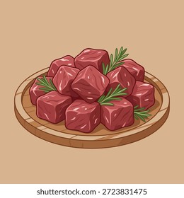Uma pilha de cubos frescos e crus de carne enfeitada com raminhos de alecrim, apresentados em uma placa de madeira rústica.
