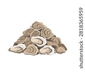 Pile of fresh raw oysters in shells, premium seafood illustration isolated on white background