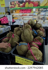 Pile of fresh ripe durians in fruit shop. Soft yellow flesh and strong aroma. Displays the diversity of fruits and the skills of the seller. Perfect for farming and healthy lifestyle projects