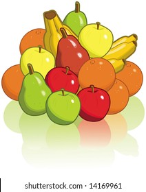 Pile of fruit including pairs, apples, oranges, and bananas.