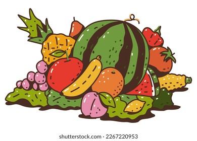 Pile von Obst und Gemüse, Vektorgrafik-Illustration einzeln auf weißem Hintergrund.