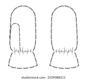 Pile Fur One-Fingered Mitten Gloves Wrist length Fashion hand accessory clothing technical illustration garment. Vector front back view for Men women style flat template CAD mockup sketch outline