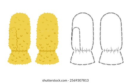 Pile Fur One-Fingered Mitten Gloves Wrist length yellow cartoon and flat mockup sketch Fashion hand accessory clothing technical illustration garment. Vector for Men women style template CAD outline